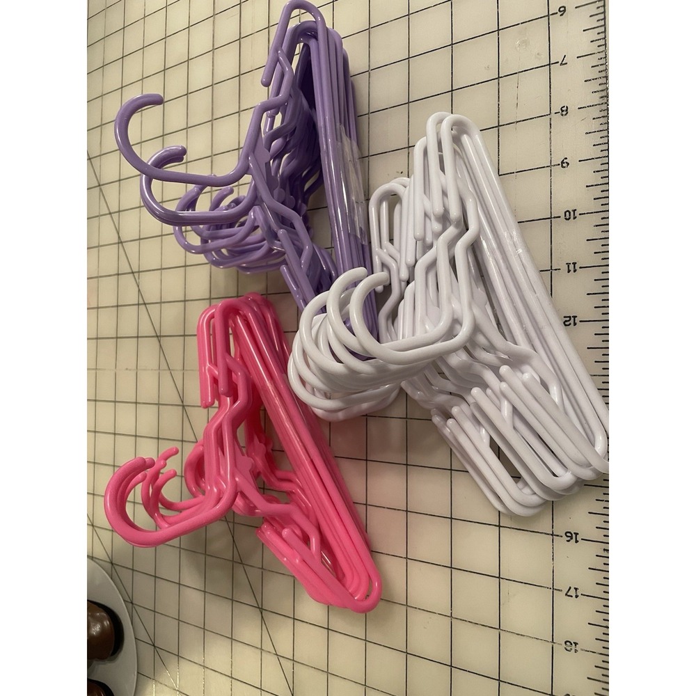 18" Doll Hangers - Plastic Pink (12), Purple (12), and White (12) Set of 36